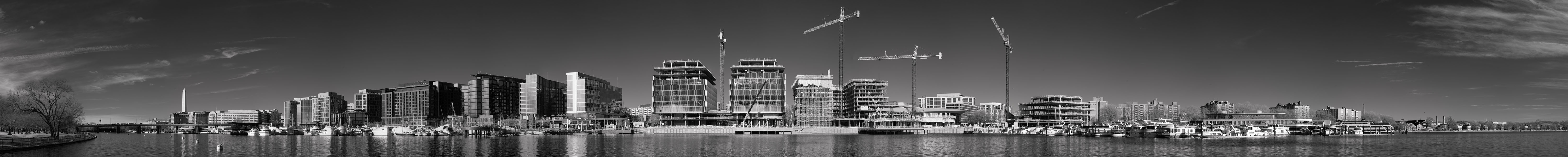 Extreme Infrared Panoramic Photo of Waterway, Marinas, Buildings, and Construction